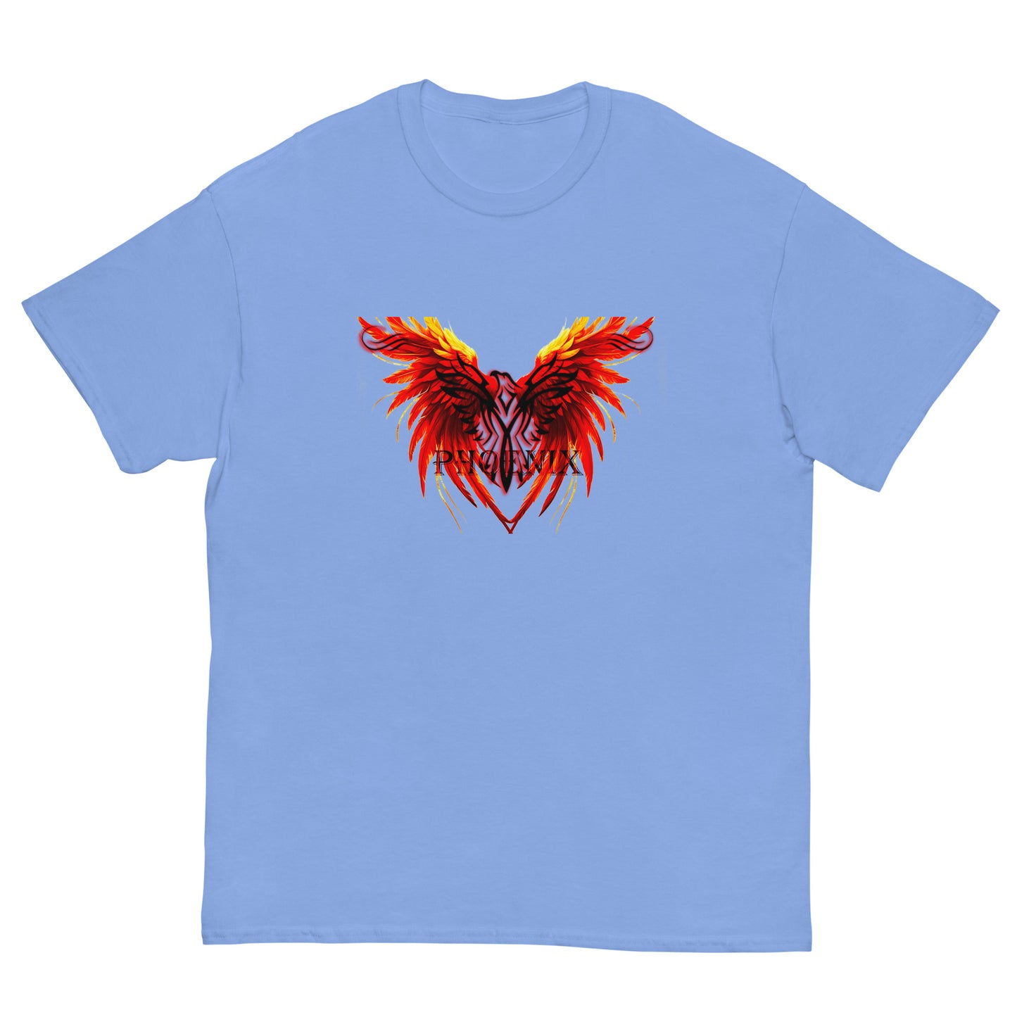 Black Phoenix t-shirt with red fiery immortal bird design on Carolina Blue cotton fabric