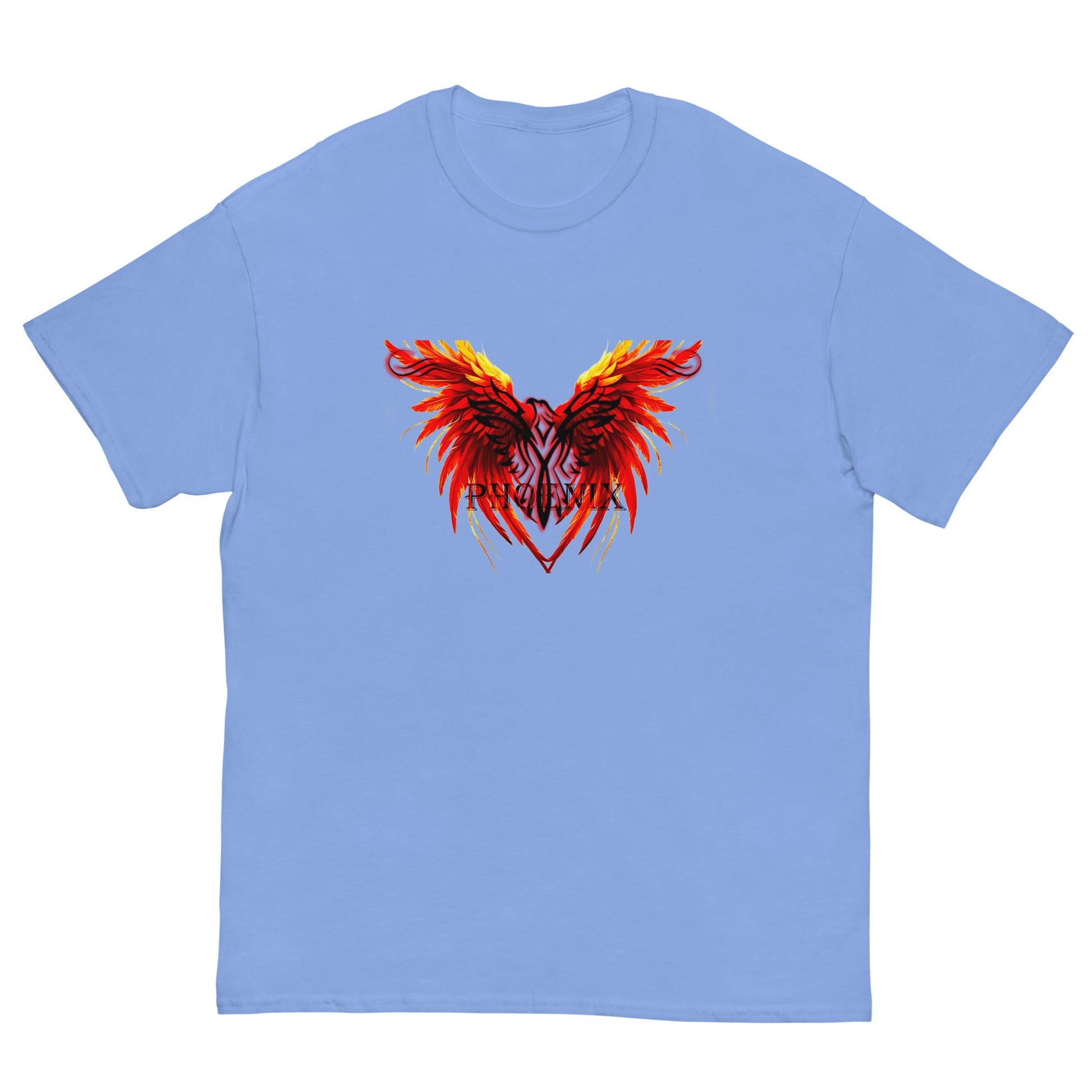 Black Phoenix t-shirt with red fiery immortal bird design on Carolina Blue cotton fabric