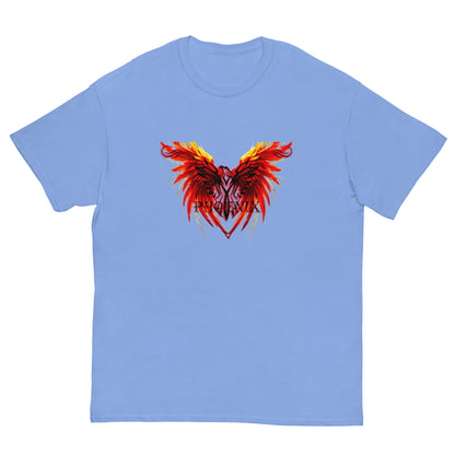 Black Phoenix t-shirt with red fiery immortal bird design on Carolina Blue cotton fabric