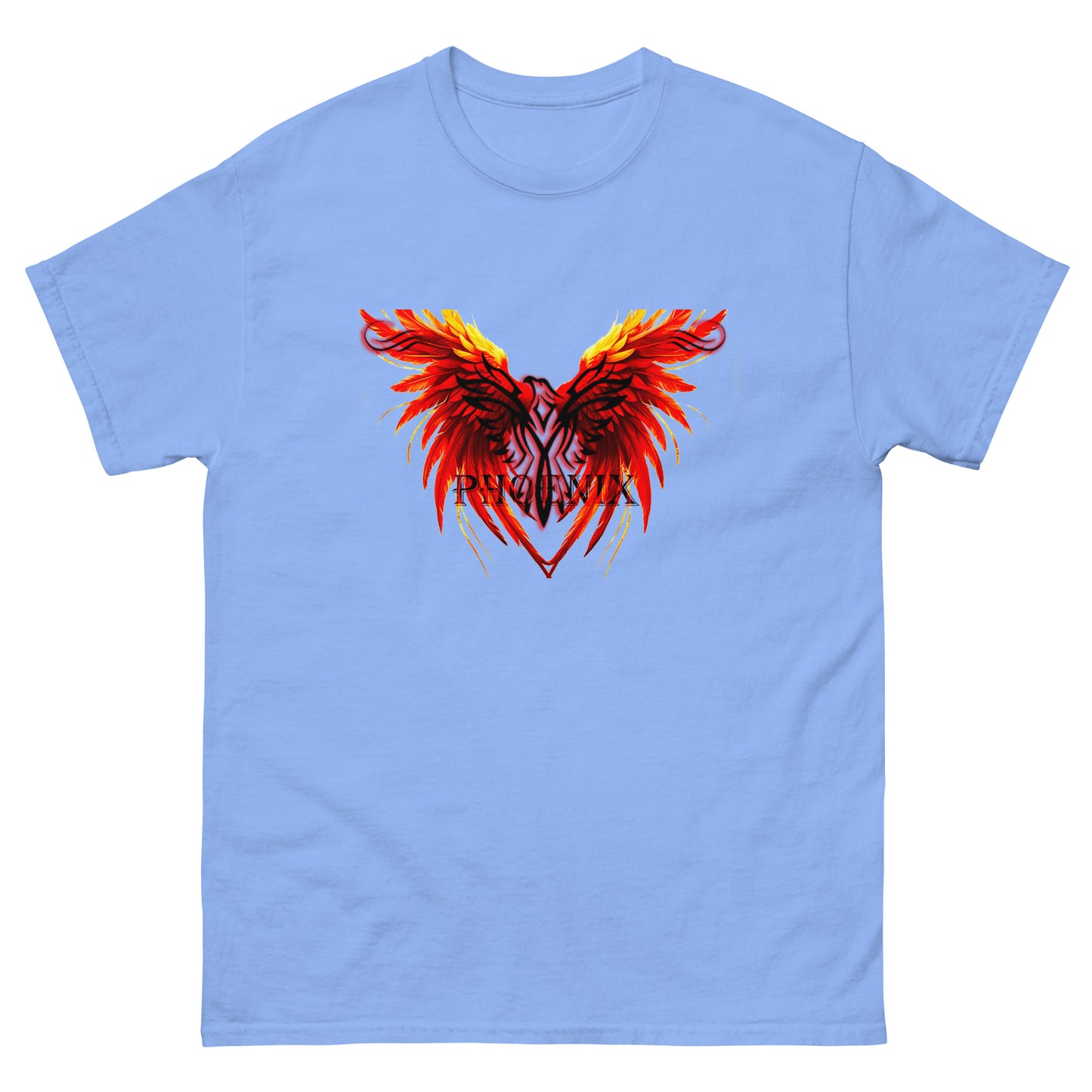 Black Phoenix t-shirt with red fiery immortal bird design on Carolina Blue cotton fabric