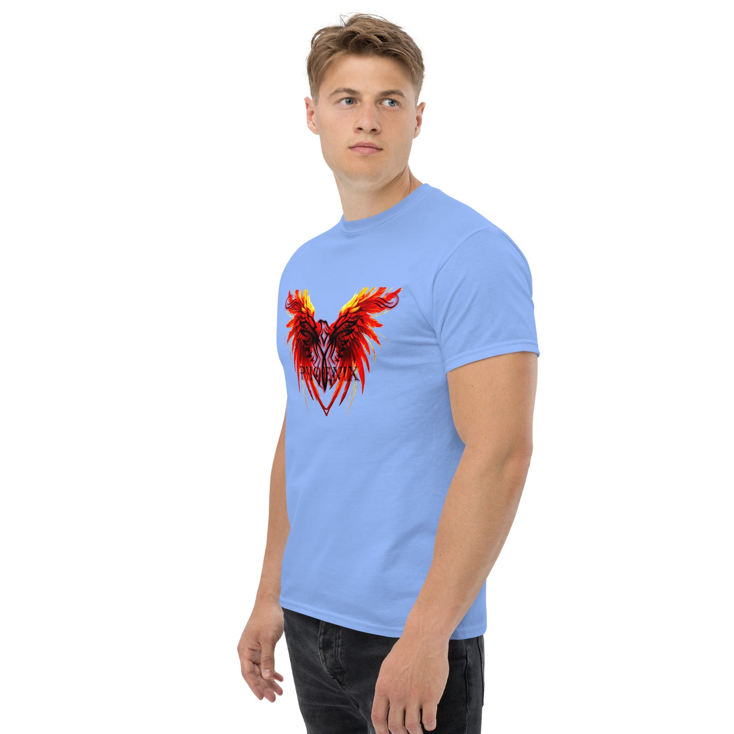 Black Phoenix t-shirt with red fiery immortal bird design on Carolina Blue cotton fabric