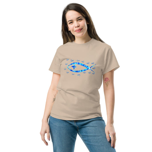 Bone Eco-friendly cotton t-shirt with minimalist blue fish design on natural colored fabric