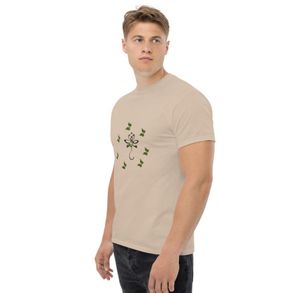 Eco-friendly organic cotton Sand color t-shirt with green environmental design featuring leaf patterns and nature symbols