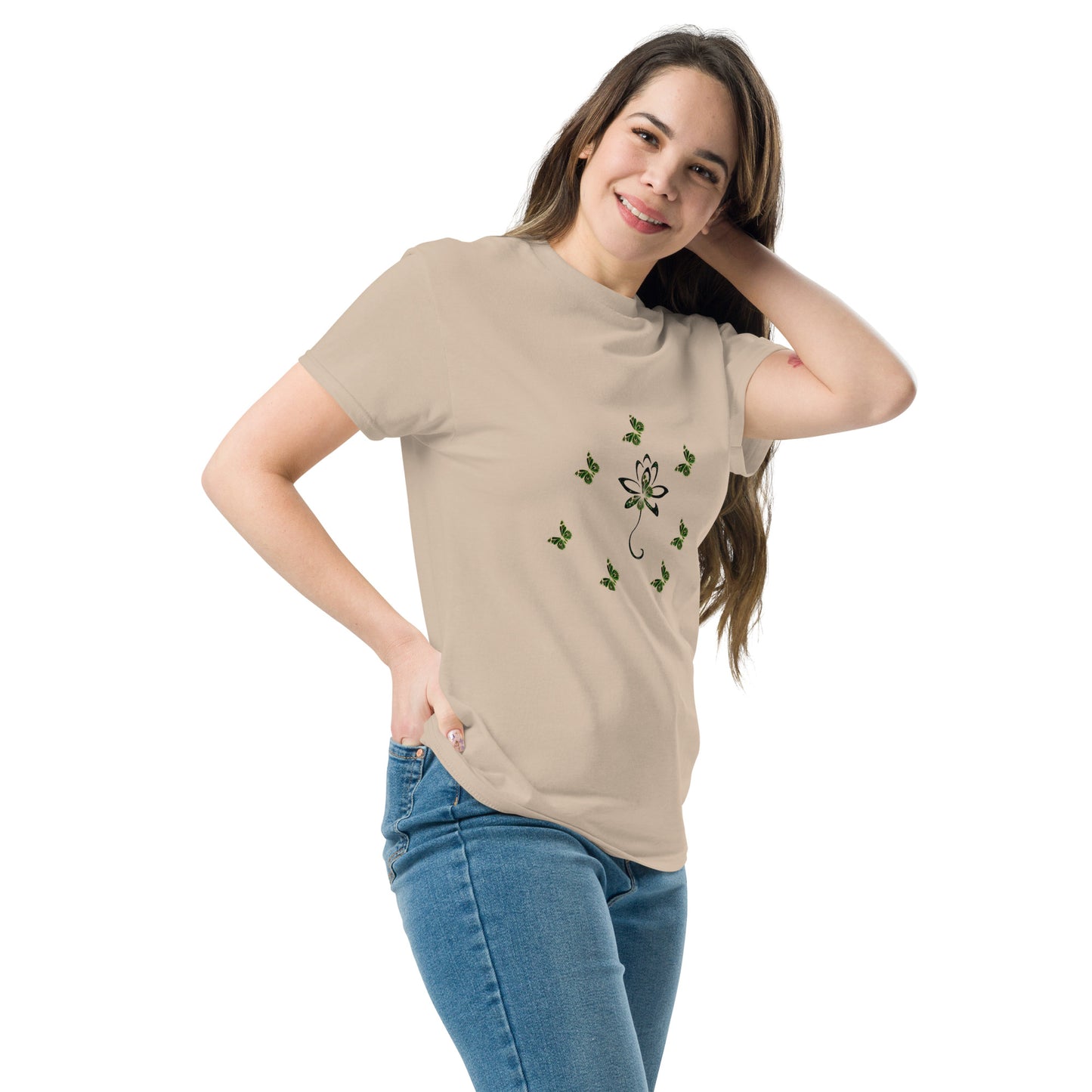 Eco-friendly organic cotton Sand color t-shirt with green environmental design featuring leaf patterns and nature symbols