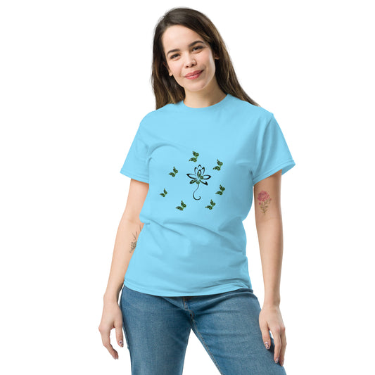 Eco-friendly organic cotton Sky Blue color t-shirt with green environmental design featuring leaf patterns and nature symbols
