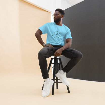 Eco-friendly organic cotton Sky Blue color t-shirt with green environmental design featuring leaf patterns and nature symbols