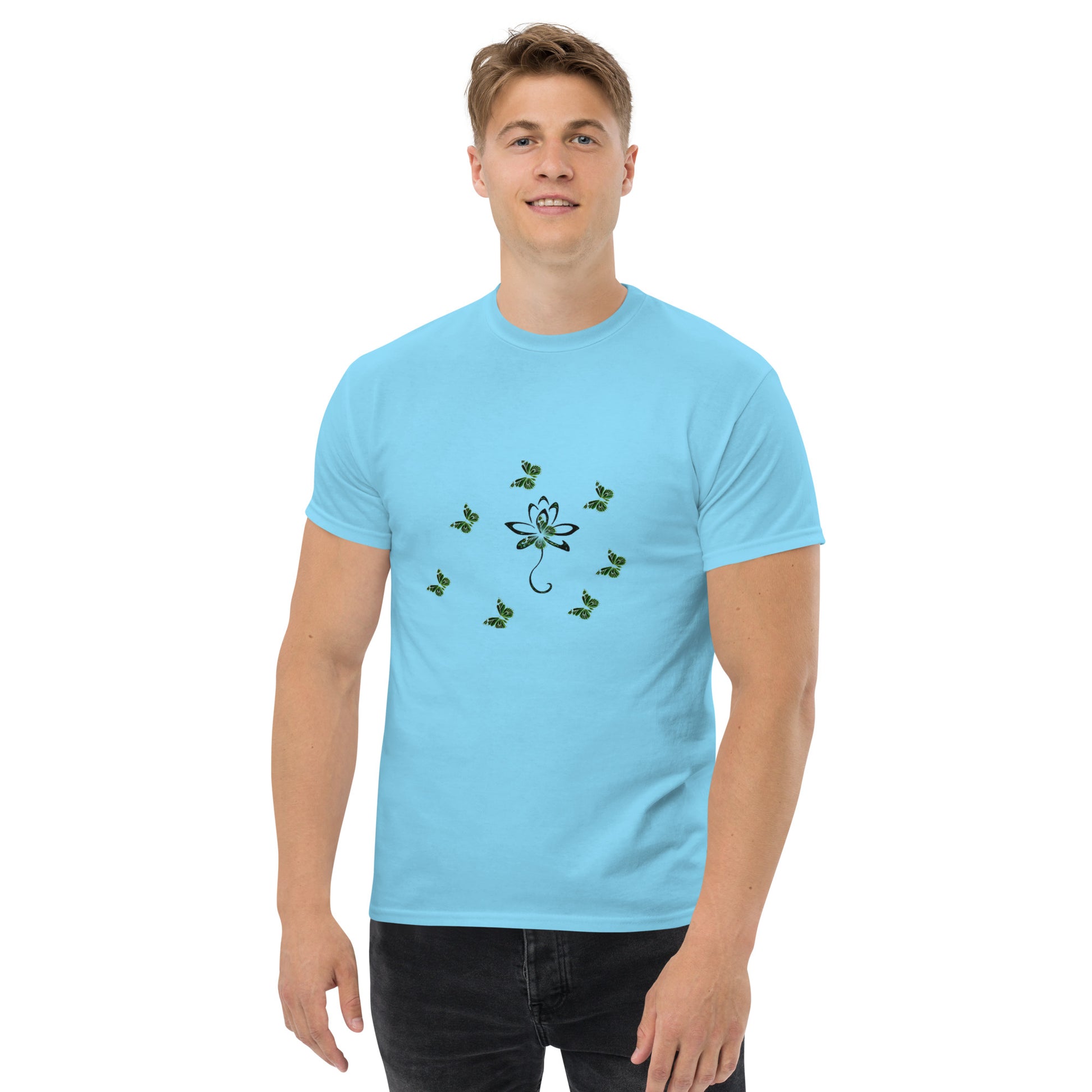 Eco-friendly organic cotton Sky Blue color t-shirt with green environmental design featuring leaf patterns and nature symbols
