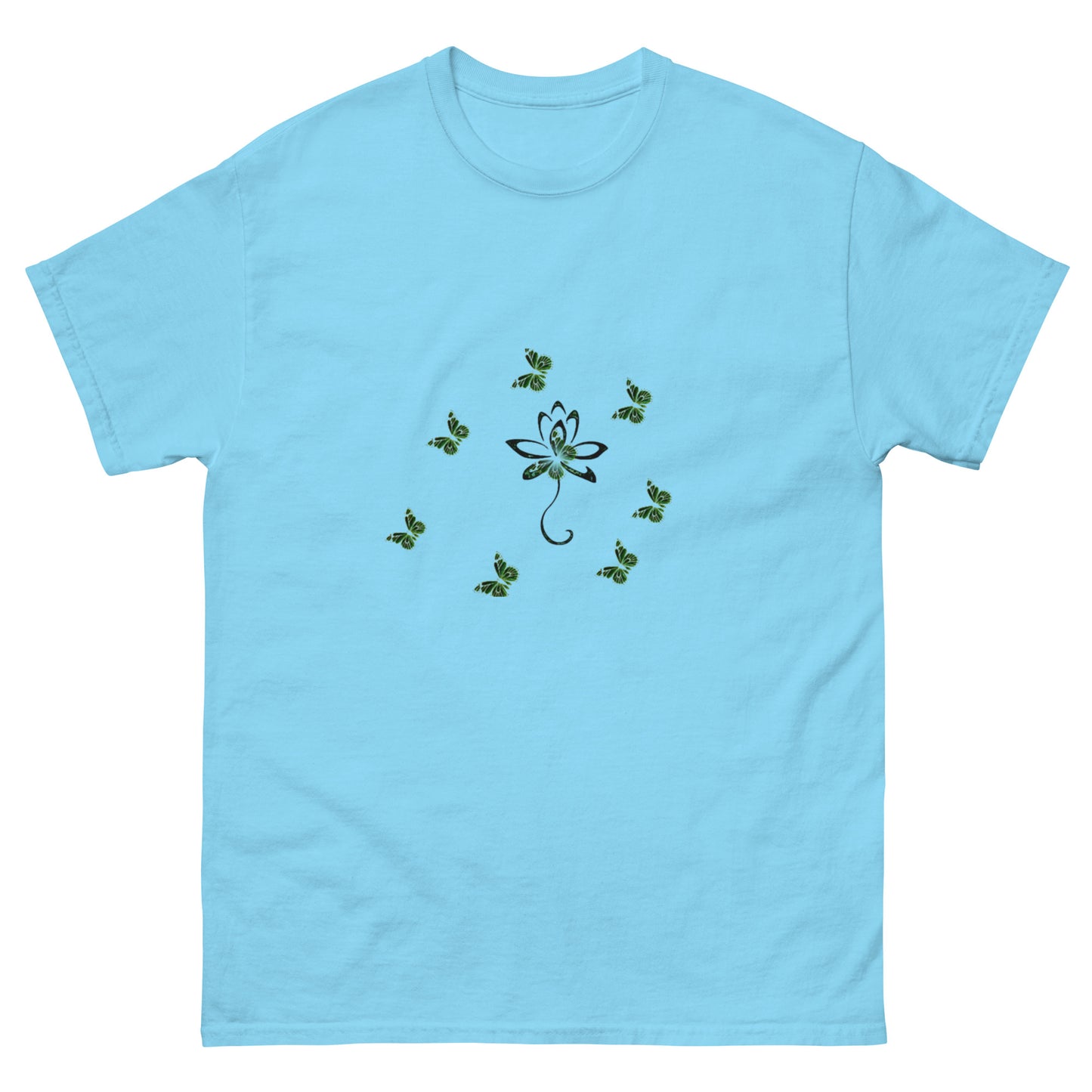 Eco-friendly organic cotton Sky Blue color t-shirt with green environmental design featuring leaf patterns and nature symbols