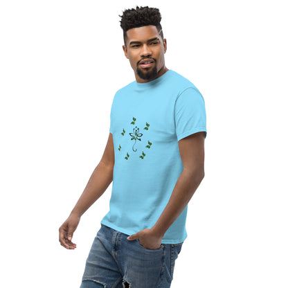 Eco-friendly organic cotton Sky Blue color t-shirt with green environmental design featuring leaf patterns and nature symbols