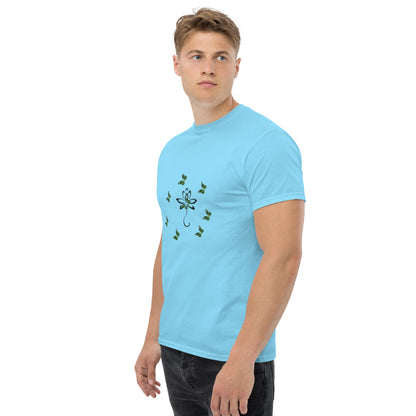 Eco-friendly organic cotton Sky Blue color t-shirt with green environmental design featuring leaf patterns and nature symbols