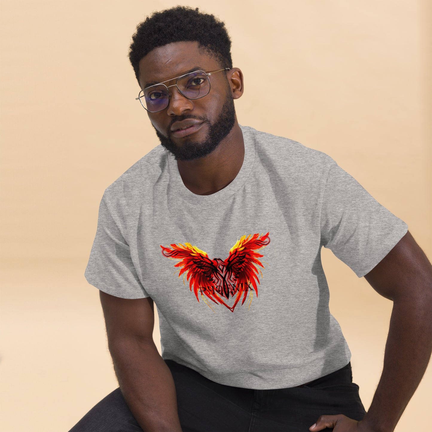 Black Phoenix t-shirt with red fiery immortal bird design on sport grey cotton fabric
