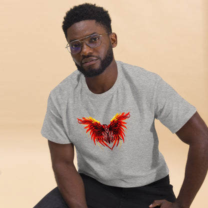 Black Phoenix t-shirt with red fiery immortal bird design on sport grey cotton fabric