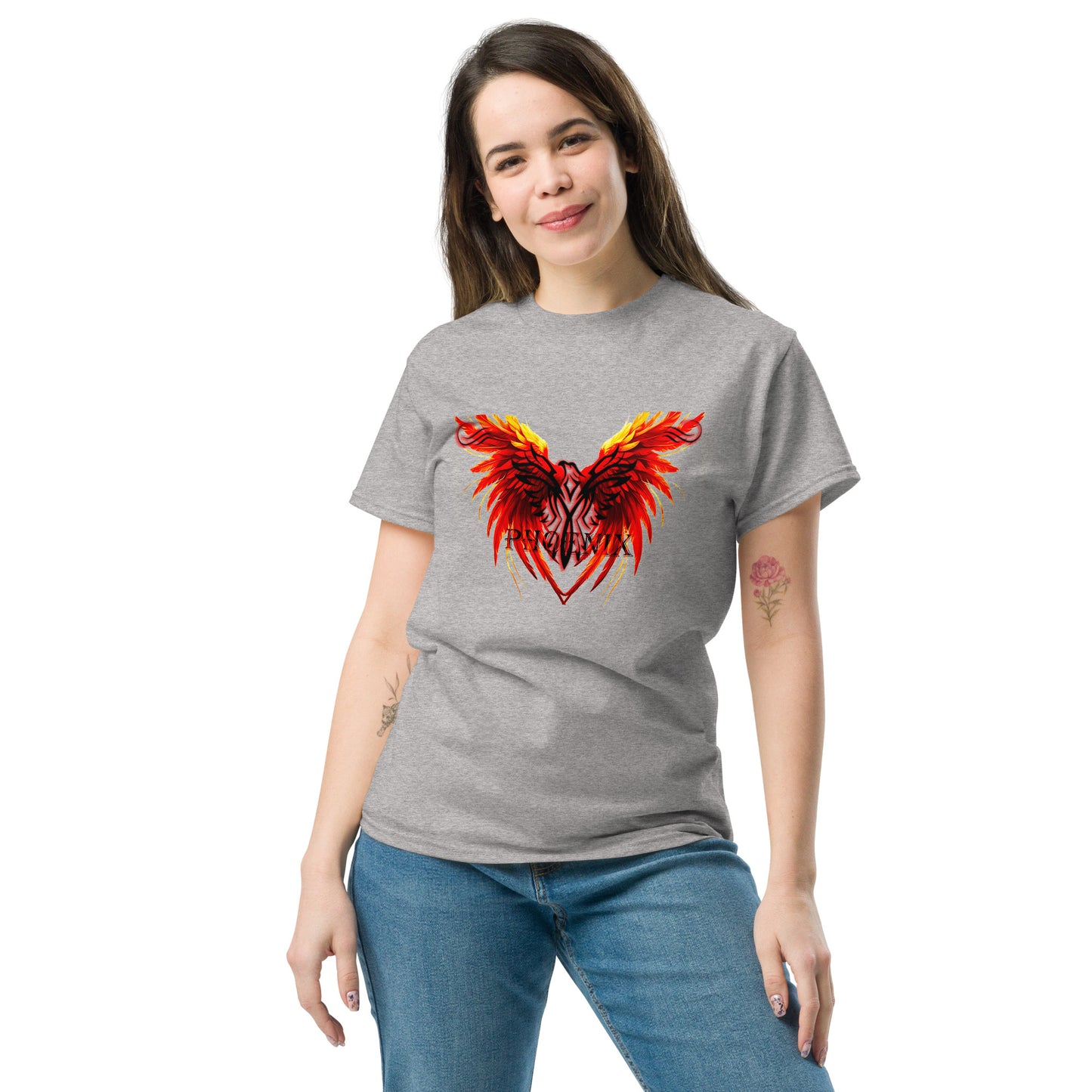 Black Phoenix t-shirt with red fiery immortal bird design on sport grey cotton fabric