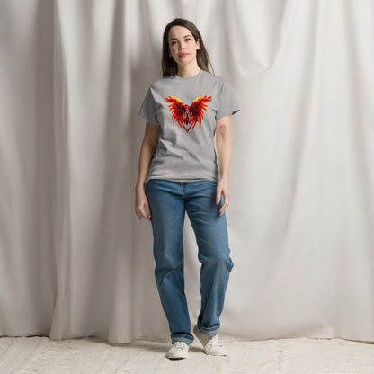 Black Phoenix t-shirt with red fiery immortal bird design on sport grey cotton fabric