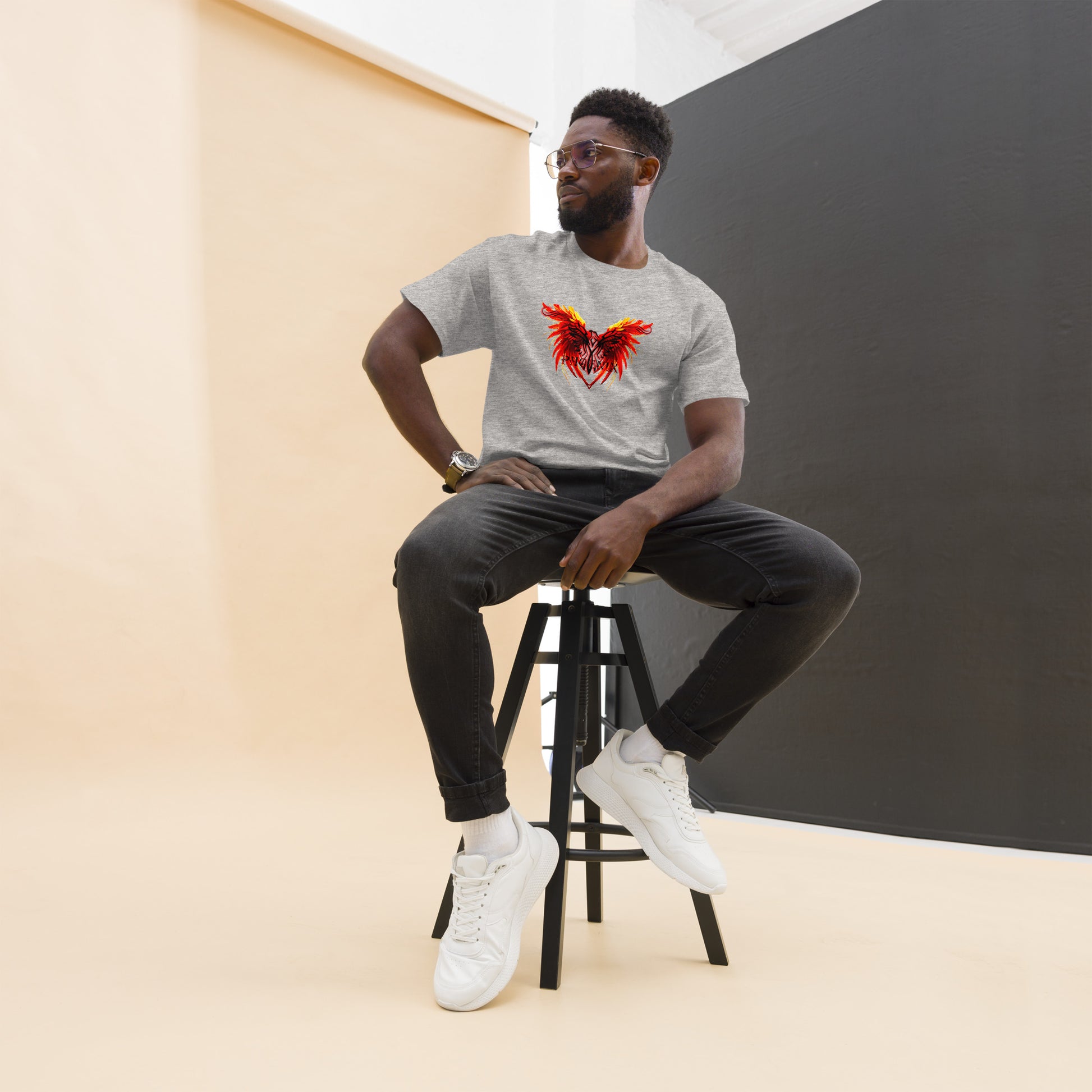 Black Phoenix t-shirt with red fiery immortal bird design on sport grey cotton fabric