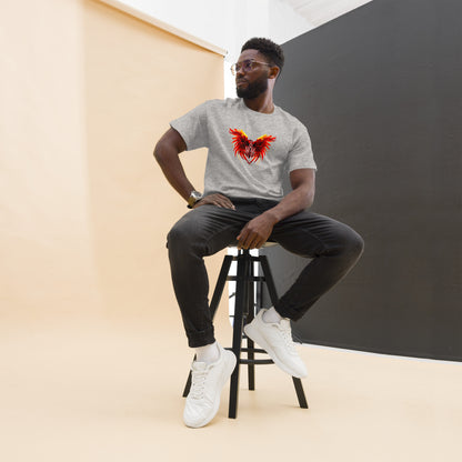 Black Phoenix t-shirt with red fiery immortal bird design on sport grey cotton fabric