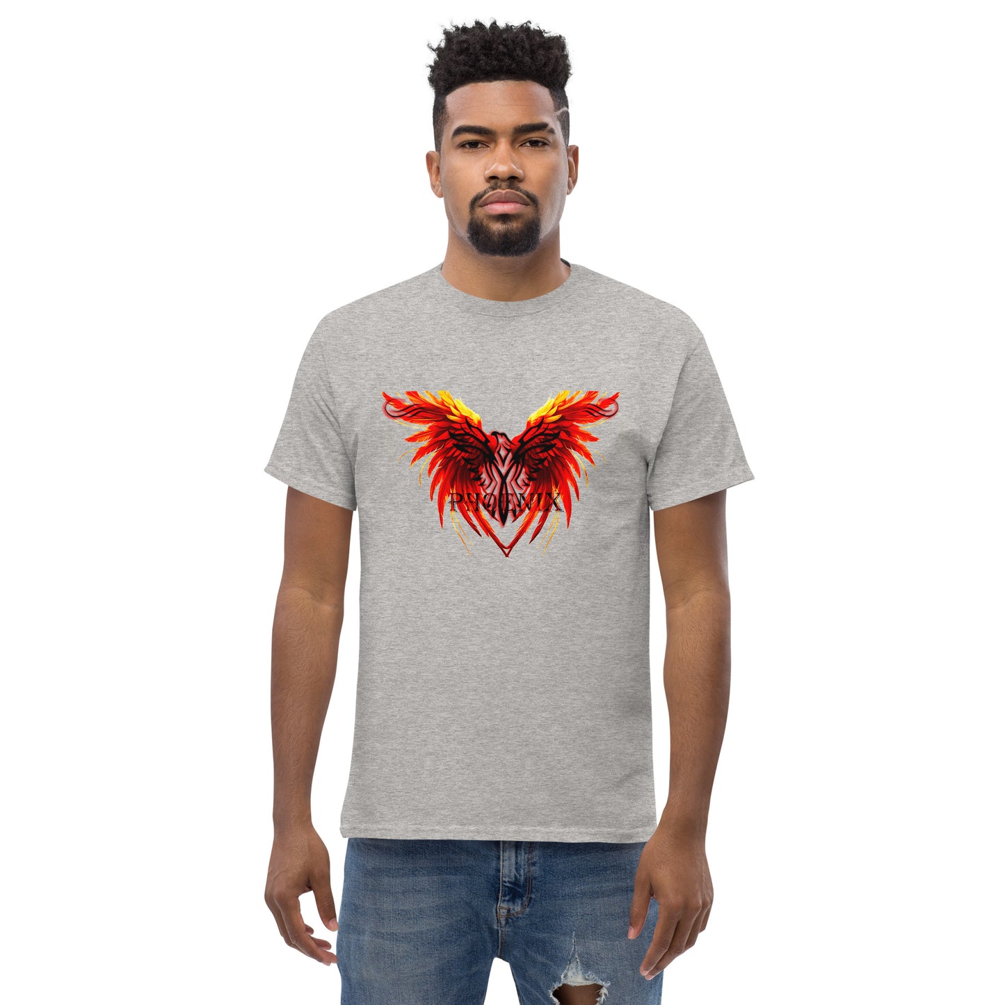 Black Phoenix t-shirt with red fiery immortal bird design on sport grey cotton fabric