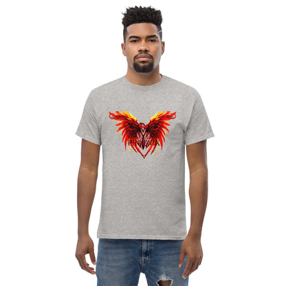 Black Phoenix t-shirt with red fiery immortal bird design on sport grey cotton fabric