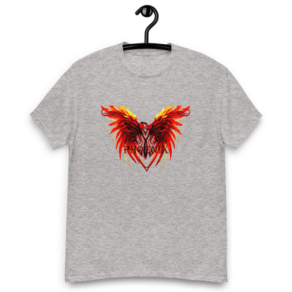 Black Phoenix t-shirt with red fiery immortal bird design on sport grey cotton fabric