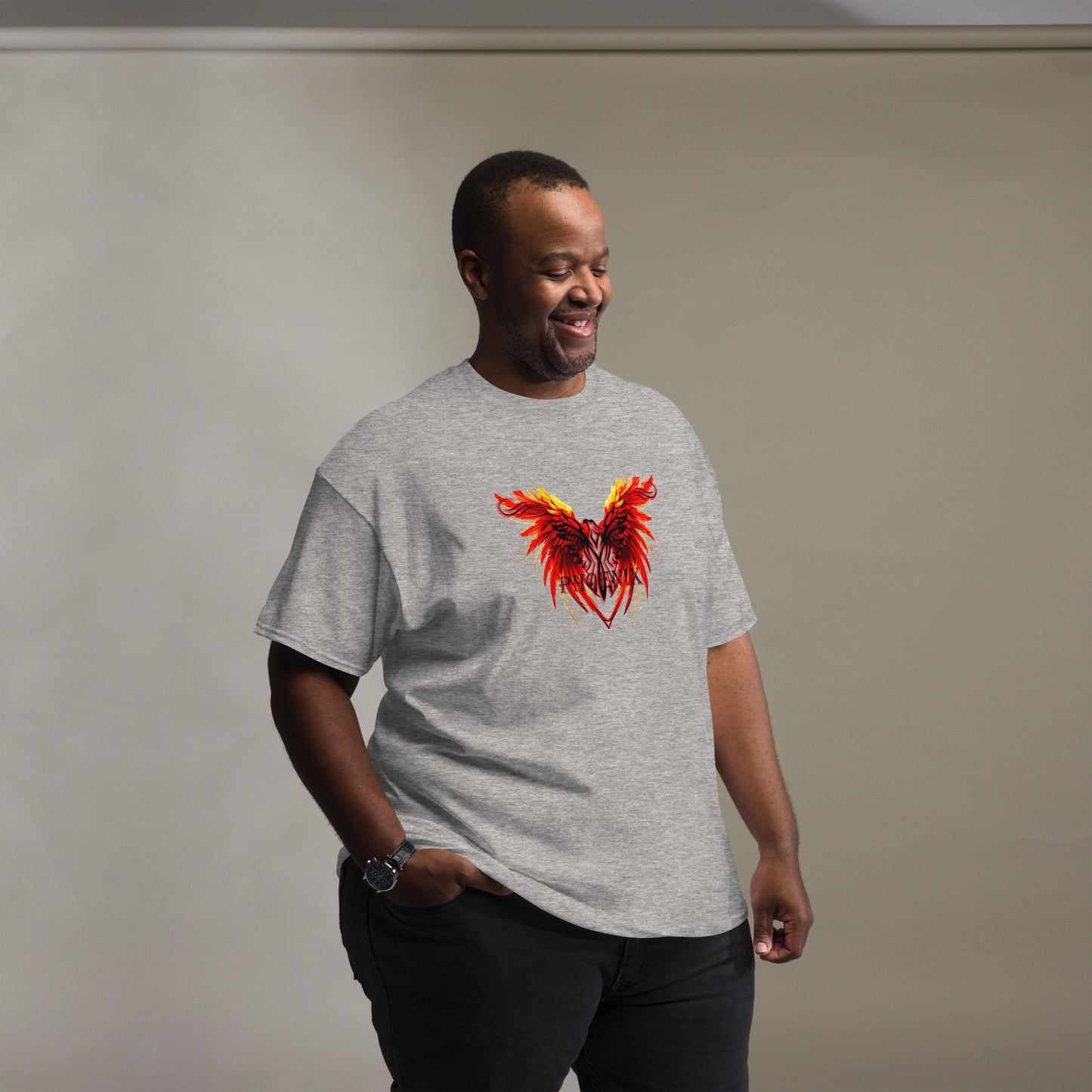 Black Phoenix t-shirt with red fiery immortal bird design on sport grey cotton fabric