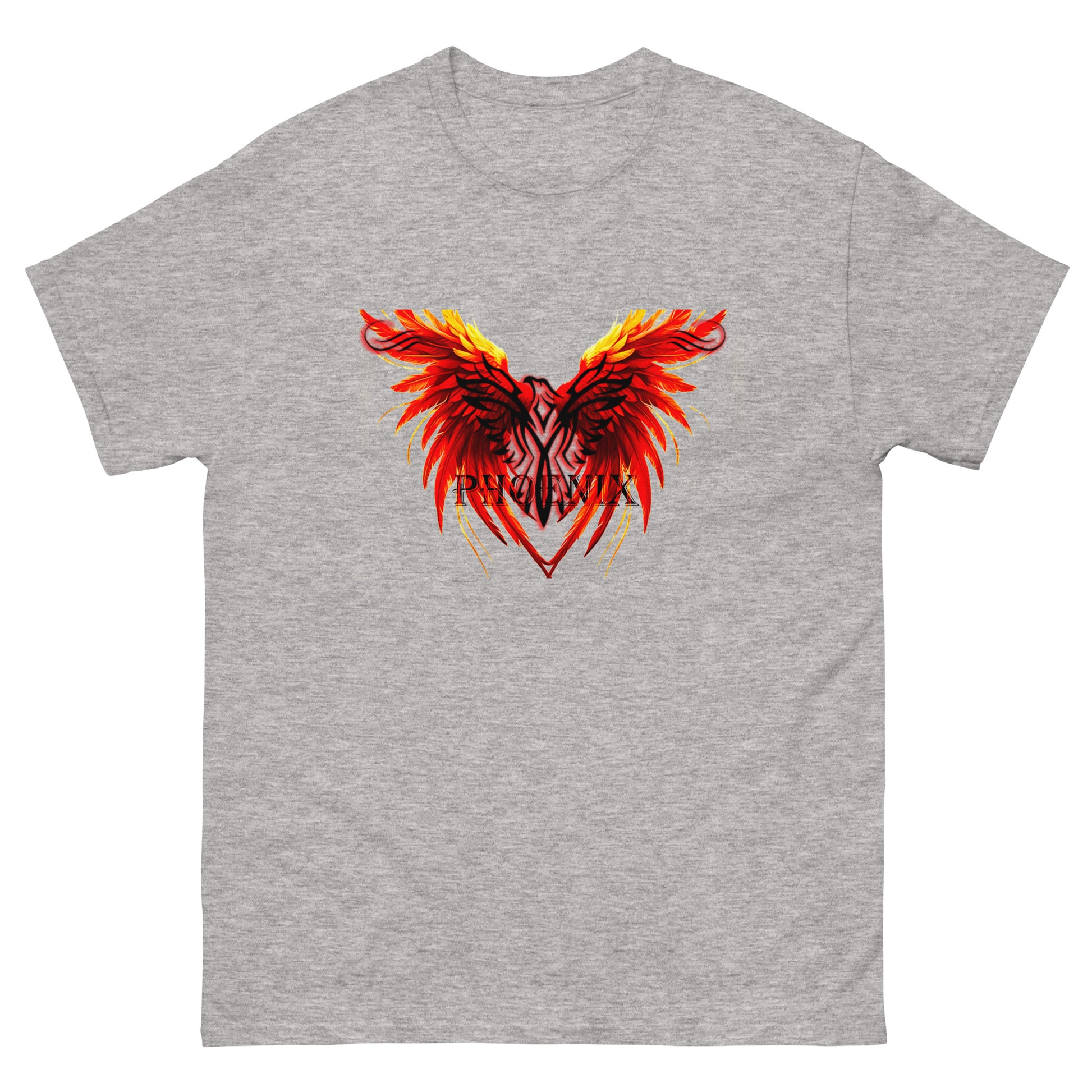 Black Phoenix t-shirt with red fiery immortal bird design on sport grey cotton fabric