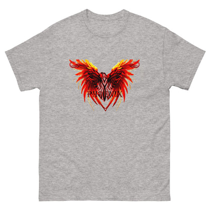 Black Phoenix t-shirt with red fiery immortal bird design on sport grey cotton fabric