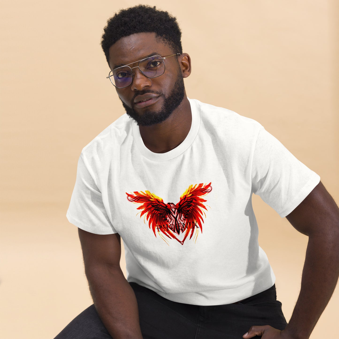 Black Phoenix t-shirt with red fiery immortal bird design on white cotton fabric