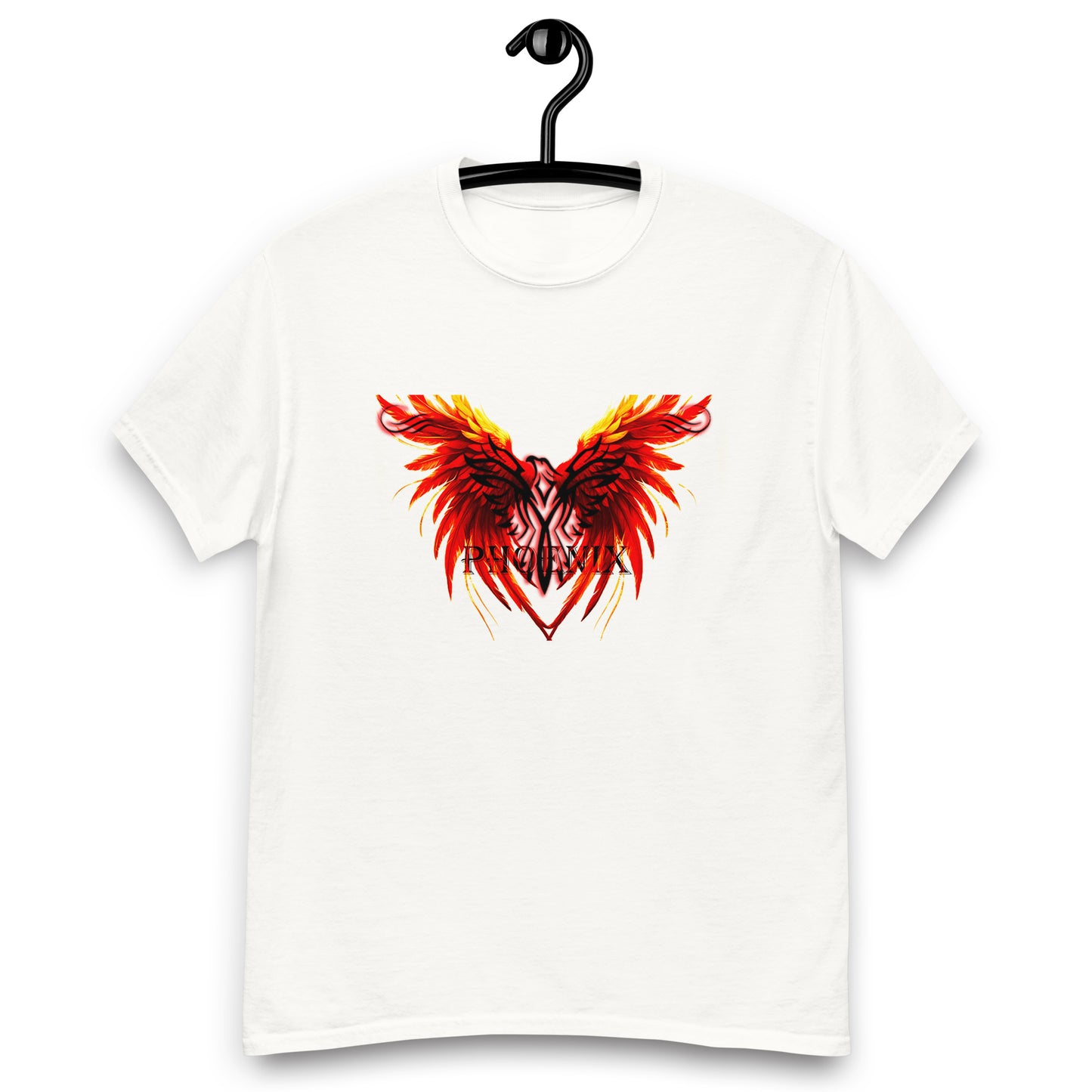Black Phoenix t-shirt with red fiery immortal bird design on white cotton fabric