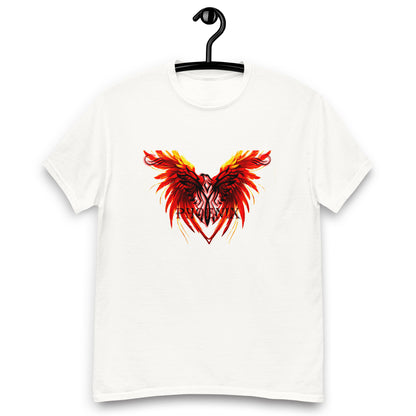 Black Phoenix t-shirt with red fiery immortal bird design on white cotton fabric