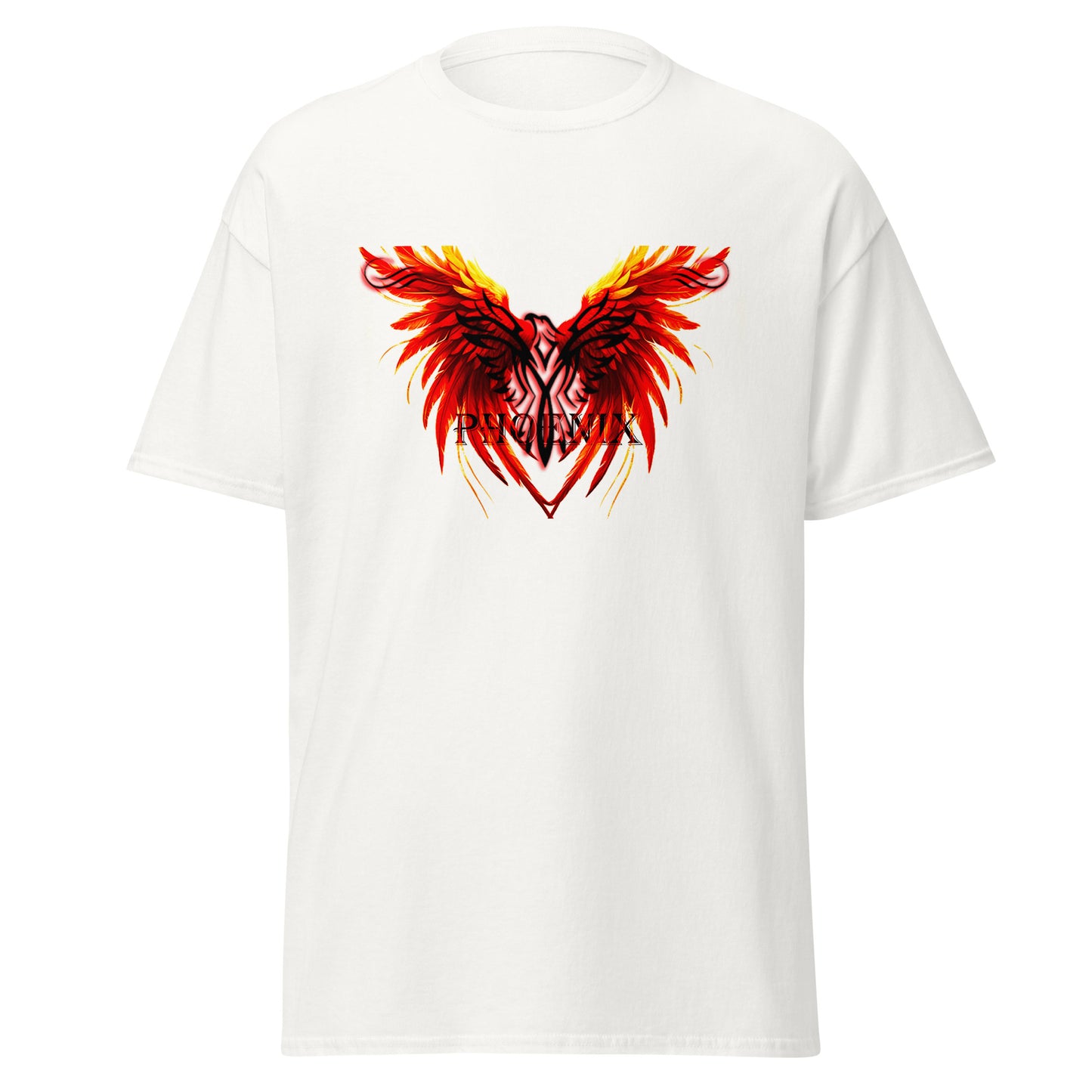 Black Phoenix t-shirt with red fiery immortal bird design on white cotton fabric