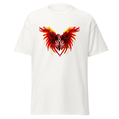 Black Phoenix t-shirt with red fiery immortal bird design on white cotton fabric