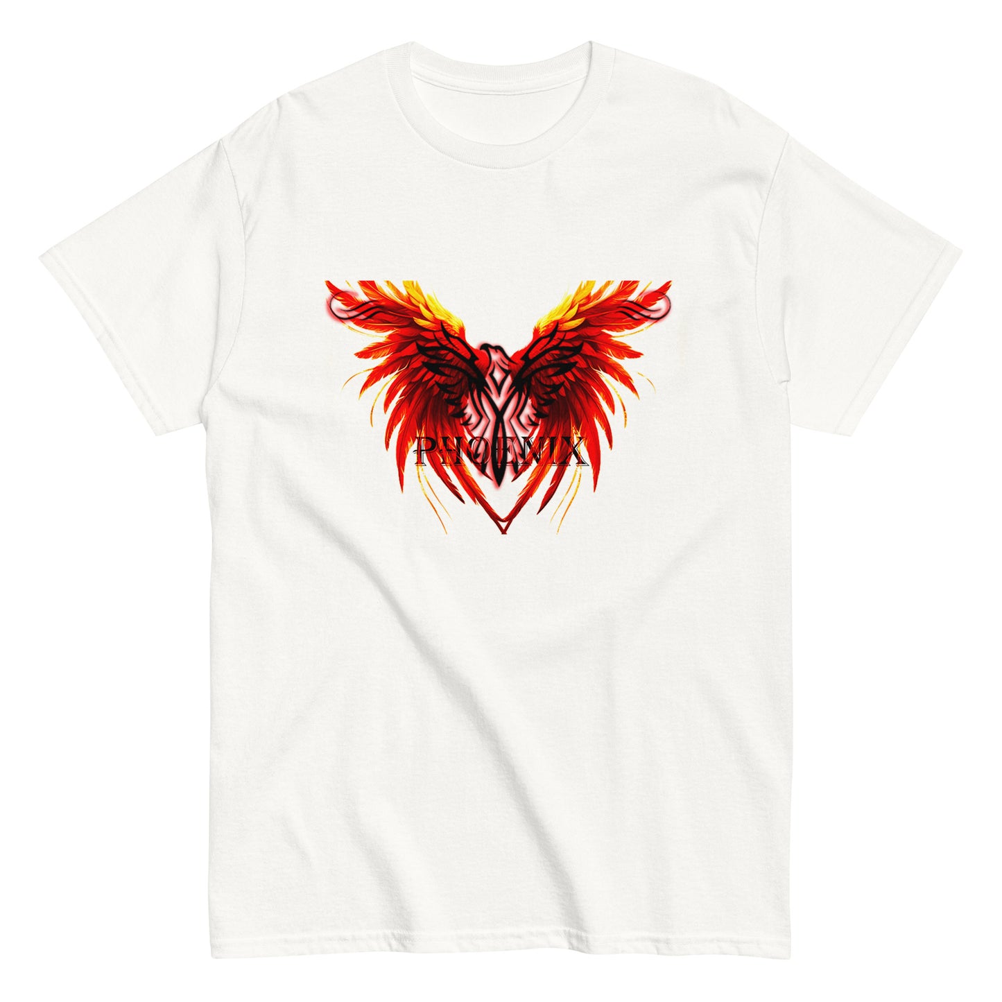 Black Phoenix t-shirt with red fiery immortal bird design on white cotton fabric