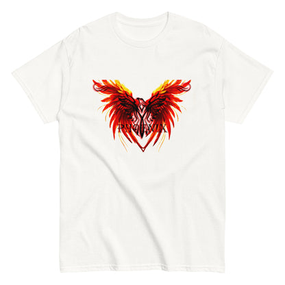 Black Phoenix t-shirt with red fiery immortal bird design on white cotton fabric