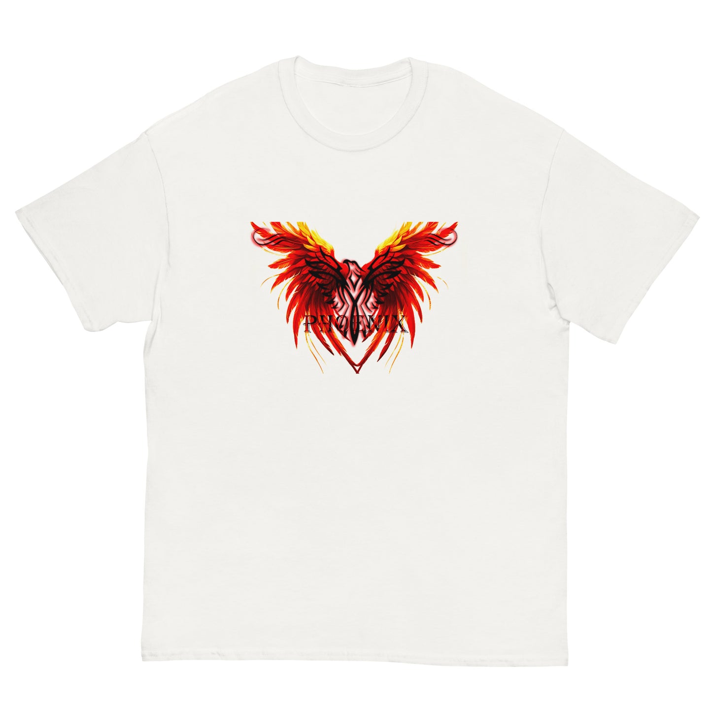 Black Phoenix t-shirt with red fiery immortal bird design on white cotton fabric