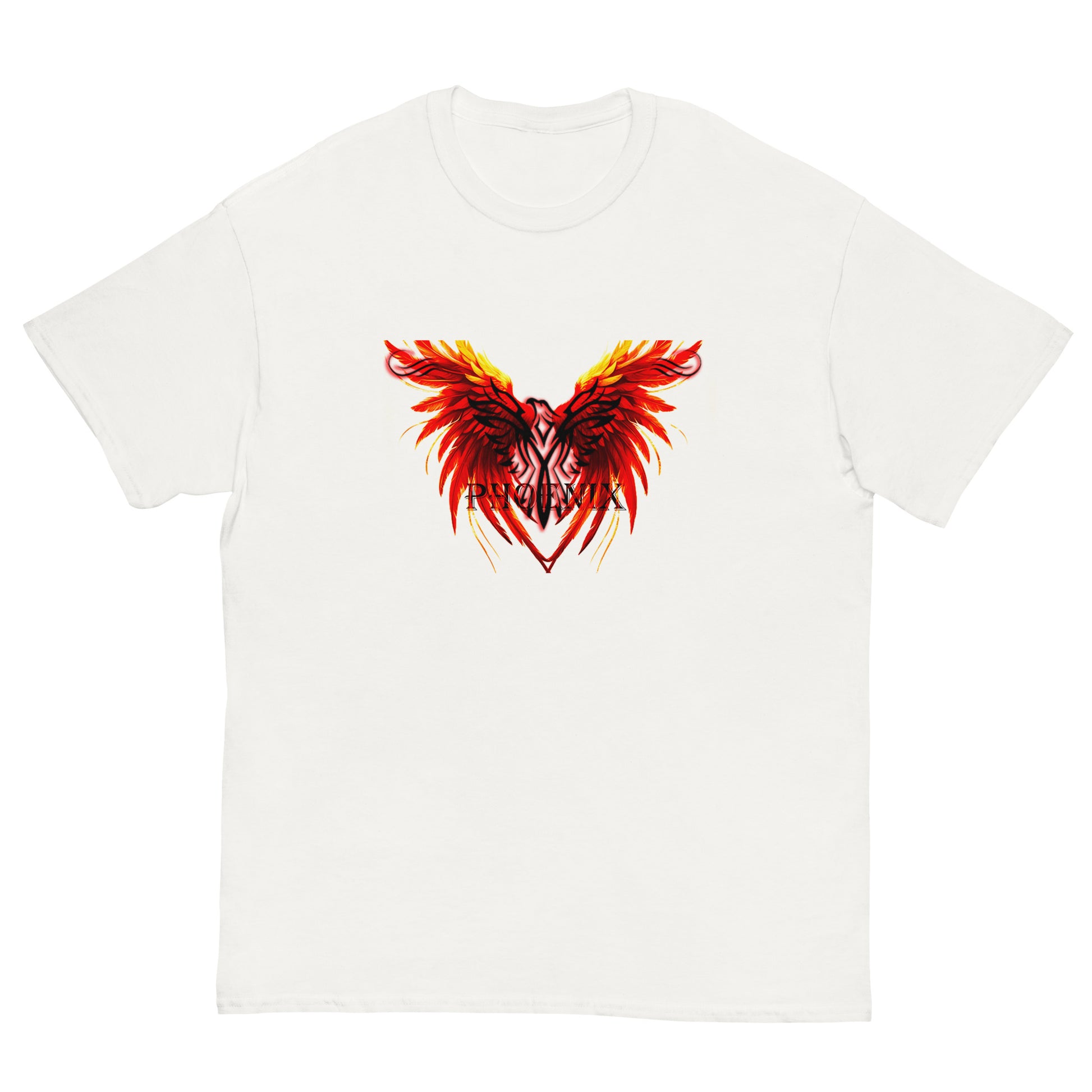 Black Phoenix t-shirt with red fiery immortal bird design on white cotton fabric