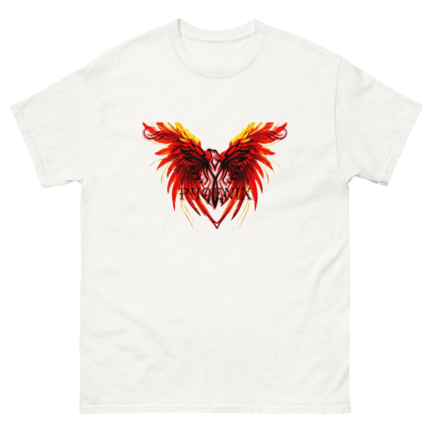 Black Phoenix t-shirt with red fiery immortal bird design on White cotton fabric