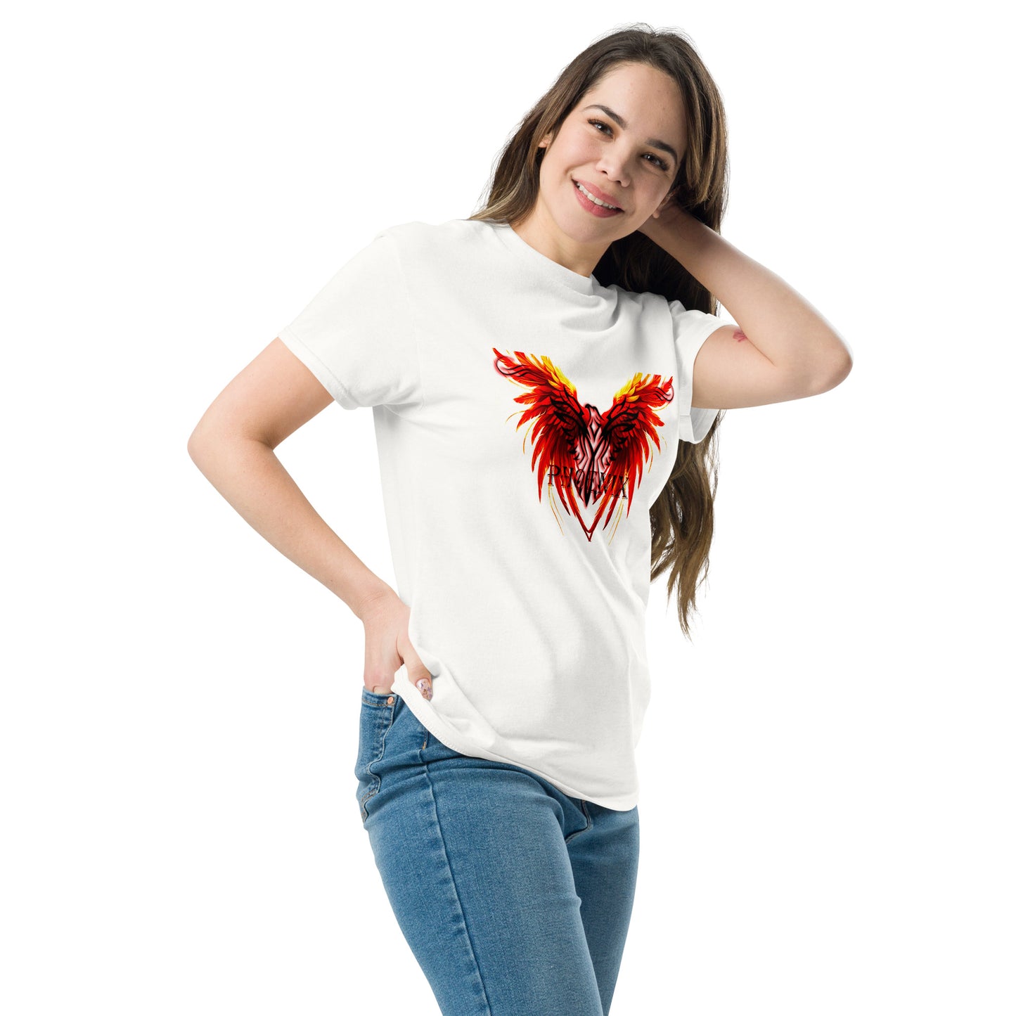 Black Phoenix t-shirt with red fiery immortal bird design on White cotton fabric