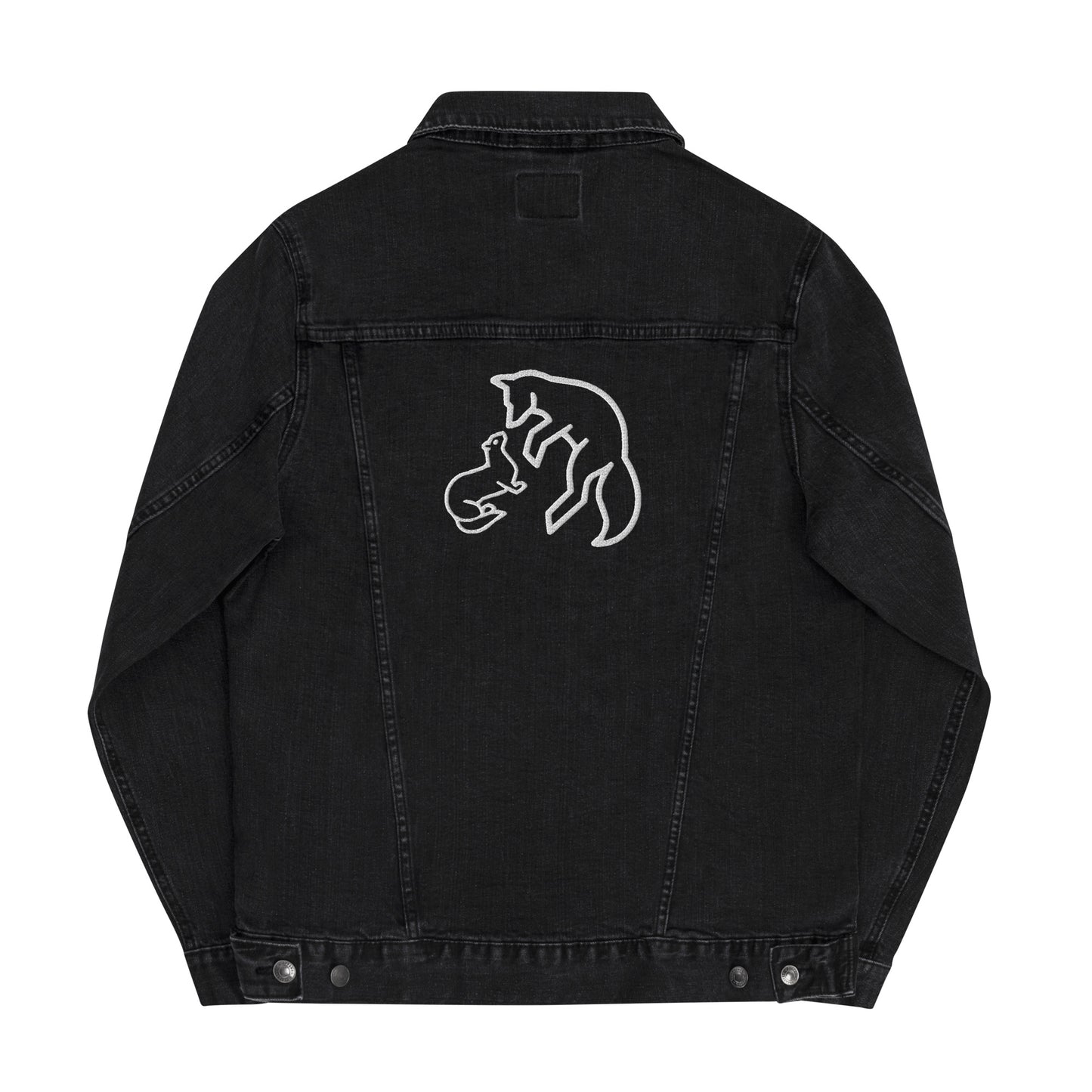 Vintage style black denim jacket with distressed wash and custom embroidery details on back