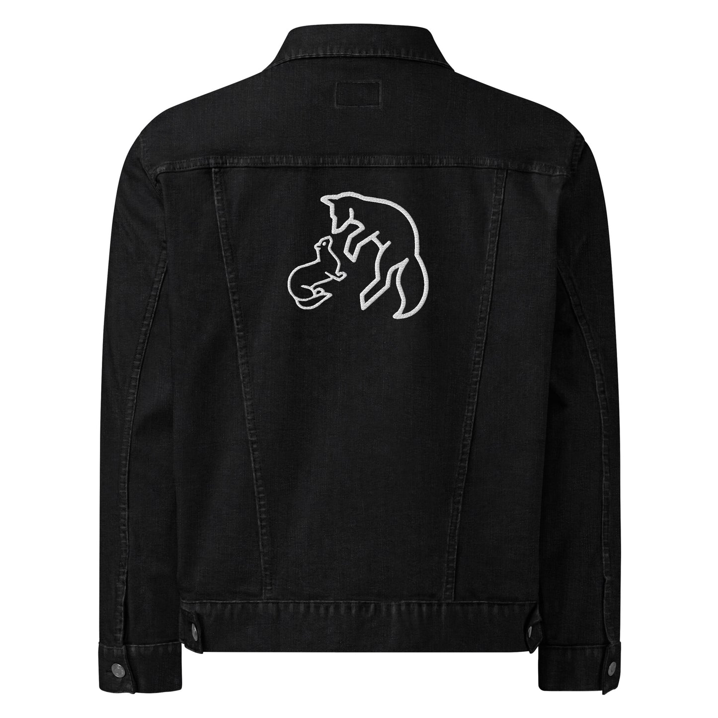 Vintage style black denim jacket with distressed wash and custom embroidery details on back