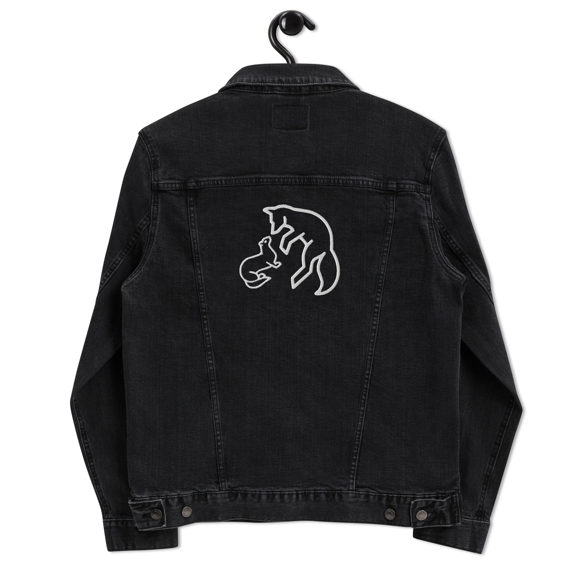 Vintage style black denim jacket with distressed wash and custom embroidery details on back