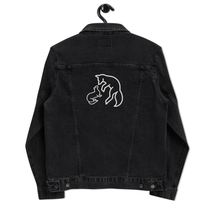 Vintage style black denim jacket with distressed wash and custom embroidery details on back