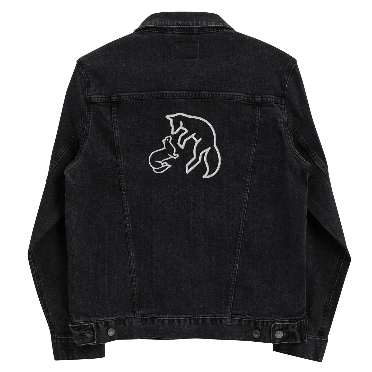 Vintage style black denim jacket with distressed wash and custom embroidery details on back