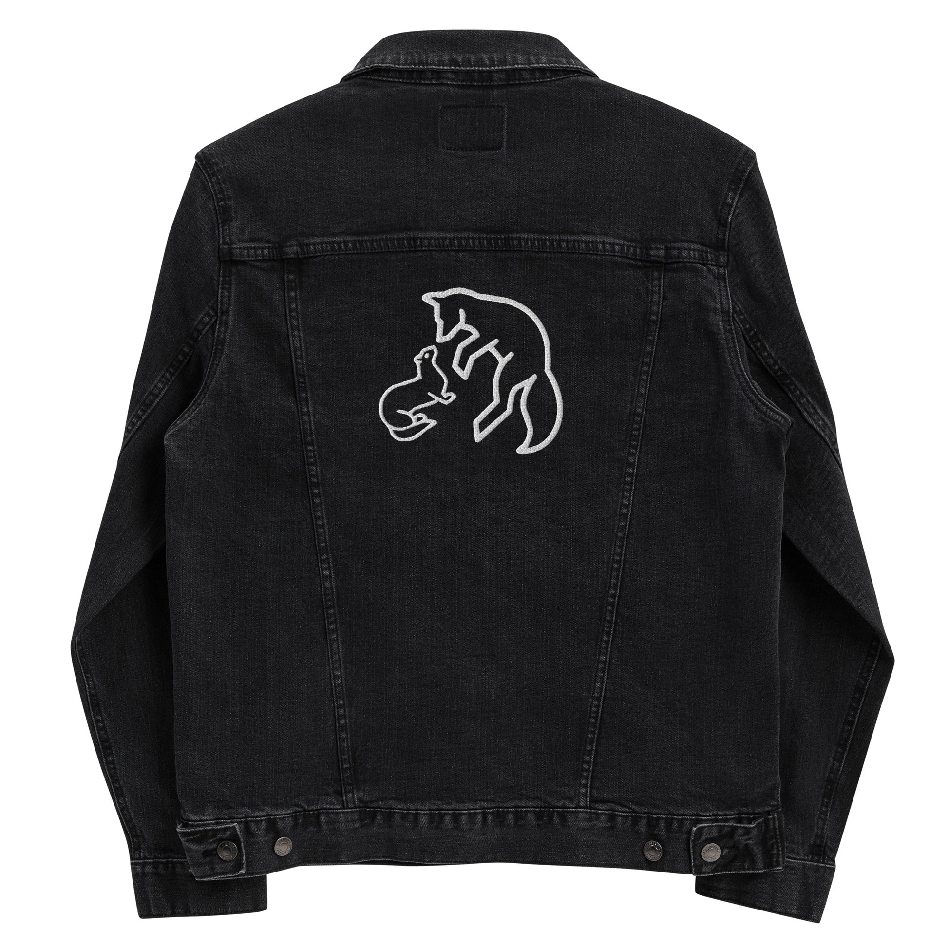 Vintage style black denim jacket with distressed wash and custom embroidery details on back