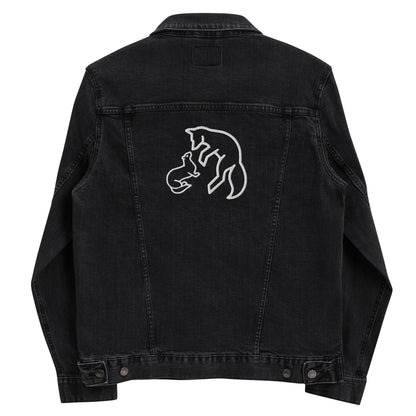 Vintage style black denim jacket with distressed wash and custom embroidery details on back