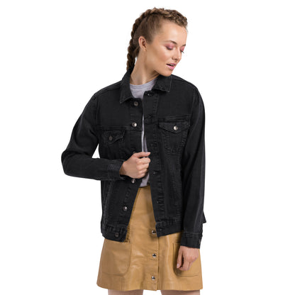 Vintage style black denim jacket with distressed wash and custom embroidery details on back