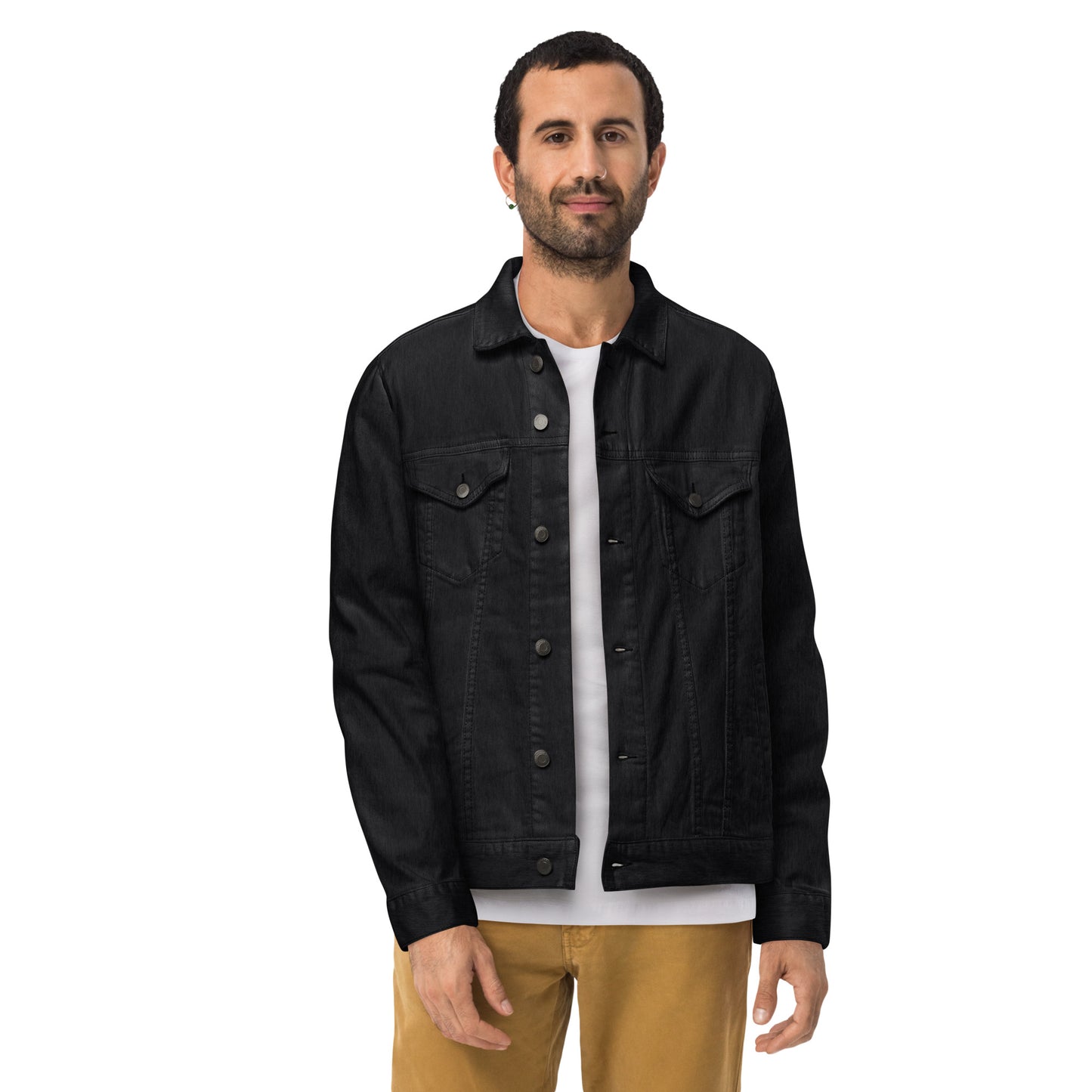 Vintage style black denim jacket with distressed wash and custom embroidery details on back