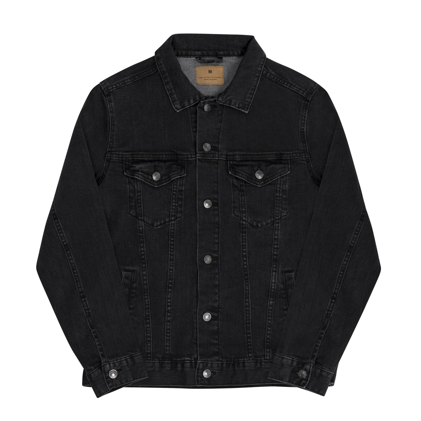 Vintage style black denim jacket with distressed wash and custom embroidery details on back