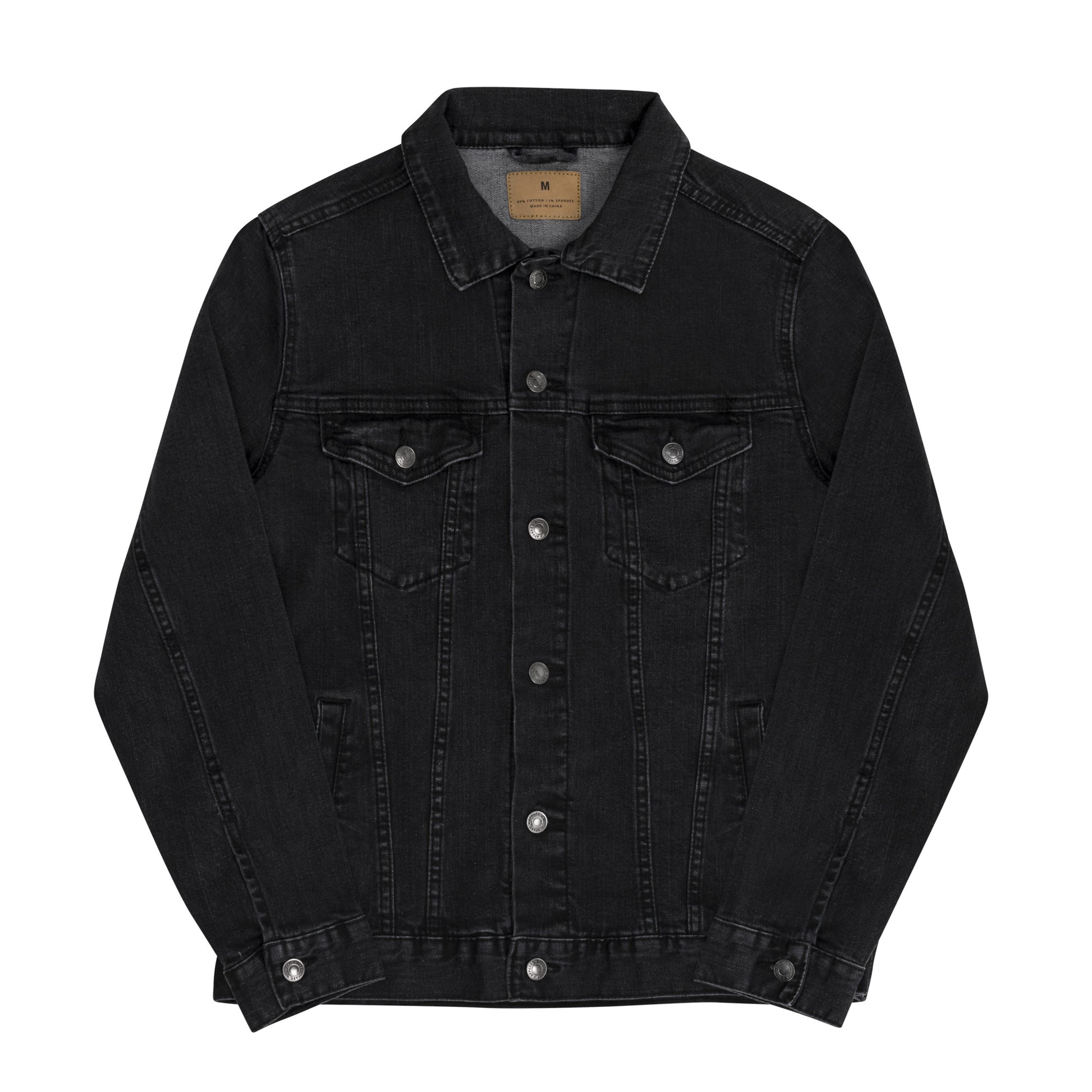 Vintage style black denim jacket with distressed wash and custom embroidery details on back