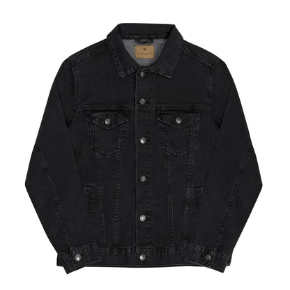 Vintage style black denim jacket with distressed wash and custom embroidery details on back