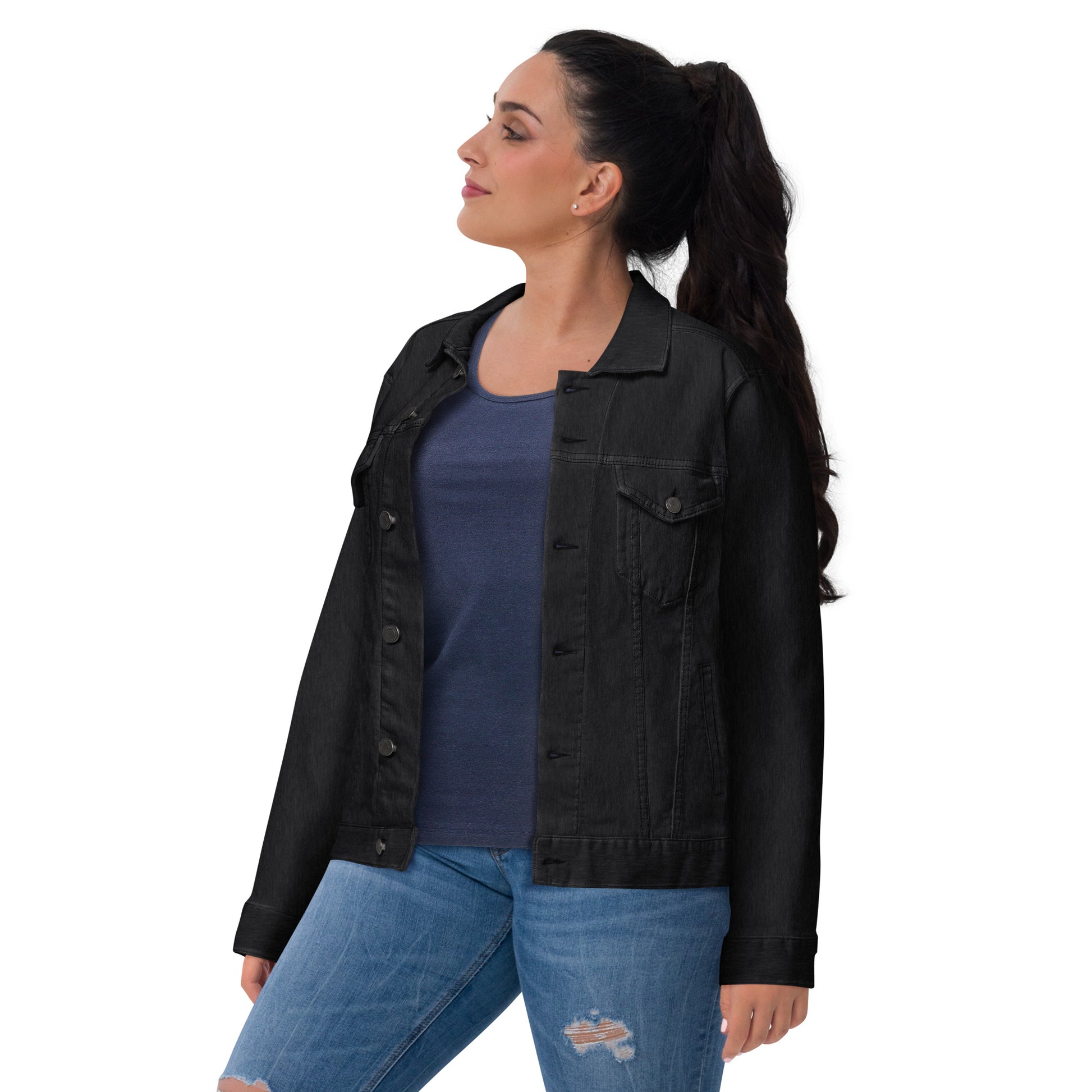 Vintage style black denim jacket with distressed wash and custom embroidery details on back